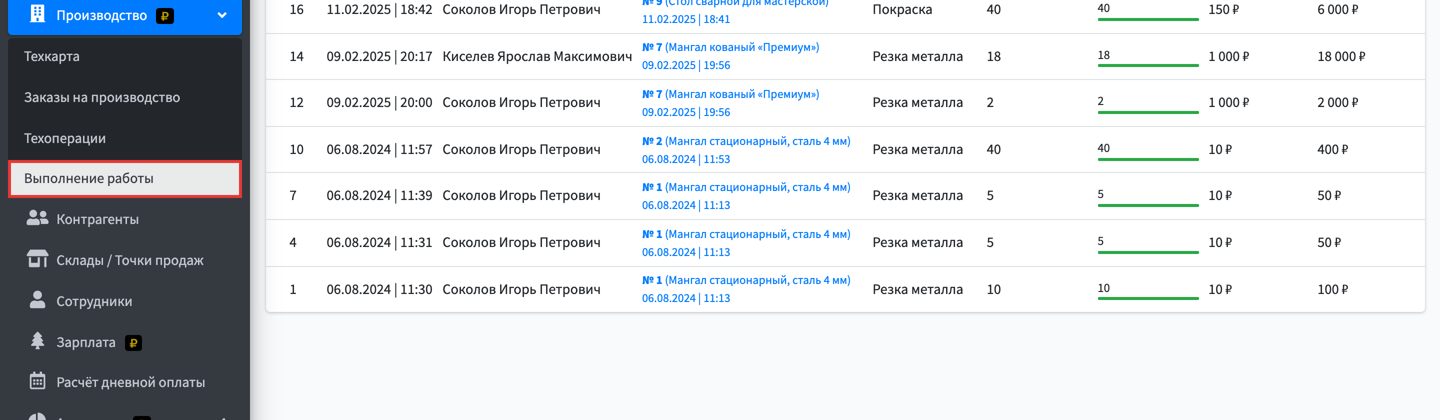 Шаг 1: в левом меню откройте Управление → Производство → Выполнение работы